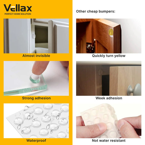 Clear Self Adhesive Cabinet Bumpers Pack Of 256 One Half Inch Rubber Pads For Drawers And Cupboards Easy Install shown with comparison to yellowing and weak adhesion pads