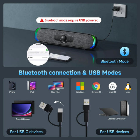 USB C And USB Powered Computer Speakers With Colorful LED Lights Plug N Play Wired Bluetooth Sound Bar With Rotary Volume Control