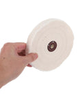 Get Premium Ukcooco 2 Inch Cotton Buffing Wheels With 12 Mm Hole for Bench Grinders, held in hand, showcasing soft cotton material.