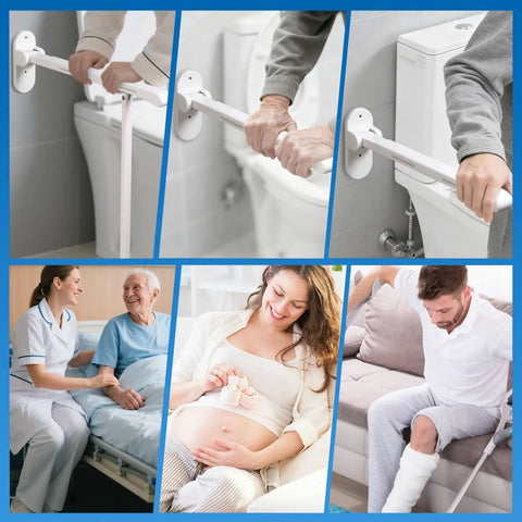 Premium 26 Inch Flip Up Toilet Grab Bar With Sturdy Support Leg And Glowing Night Strips For Non Slip Rock Solid Wall Mounted Bathroom Safety Gear, shown in use with hands gripping the rail.