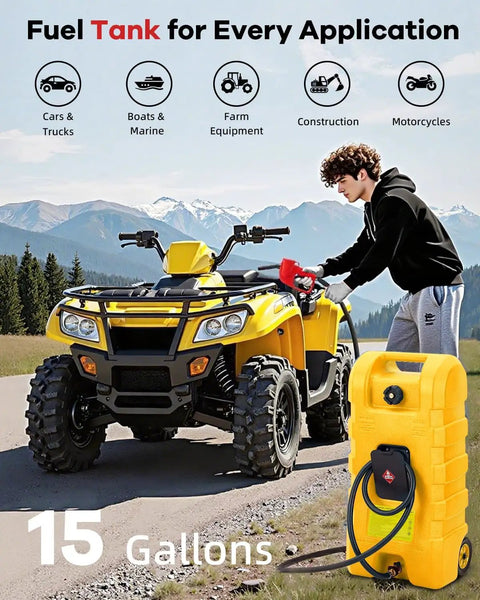 Garvee 15 Gal Gas Caddy Heavy Duty Gas Can With Manual Fuel Transfer Pump on ATV in mountains with 15 gallon capacity.