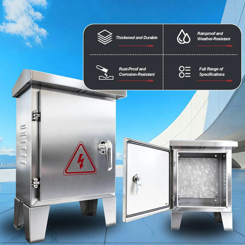 Stainless Steel Electrical Enclosure 304 Weatherproof Outdoor Junction Box With Support Legs, Waterproof Metal Electrical Cabinet For Outdoor Use, IP31 Rated, Corrosion Resistant 80x100x20 cm, front and open view