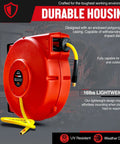 Retractable 3/8 Inch Air Hose Reel With 50 Foot PVC Hose, Heavy Duty Polypropylene Construction, red casing displayed indoors