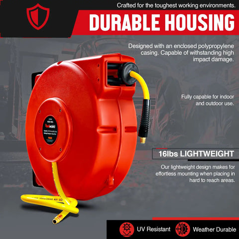 Retractable 3/8 Inch Air Hose Reel With 50 Foot PVC Hose, Heavy Duty Polypropylene Construction, red casing displayed indoors