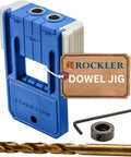 3/8 Inch Doweling Jig Kit With Drill Bit And Stop Collar, blue tool with steel bushings, includes hex wrench