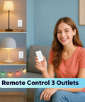 Woman showing Wireless Wall Switch Remote Outlet Three Pack With 656 Ft Range No Wiring Needed, controlling lights and lamps.