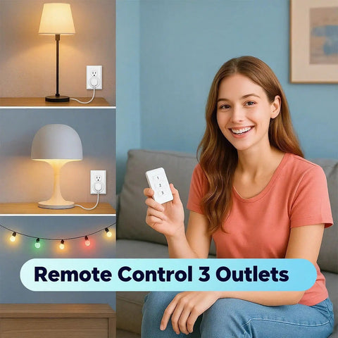Woman showing Wireless Wall Switch Remote Outlet Three Pack With 656 Ft Range No Wiring Needed, controlling lights and lamps.