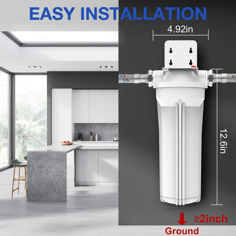 Whole House Water Filter Housing Inline 10 Inch Sediment Filter With 3/4 Inch NPT Inlet Outlet installation in modern kitchen