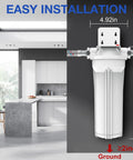 Universal 10 Inch Whole House Water Filter Housing With Heavy Duty Steel Bracket And Three Quarter NPT Fittings For No Sweat Sediment Filtration Drop Right In Home Install Includes Wrench Pack Of Two mounted in a modern kitchen.