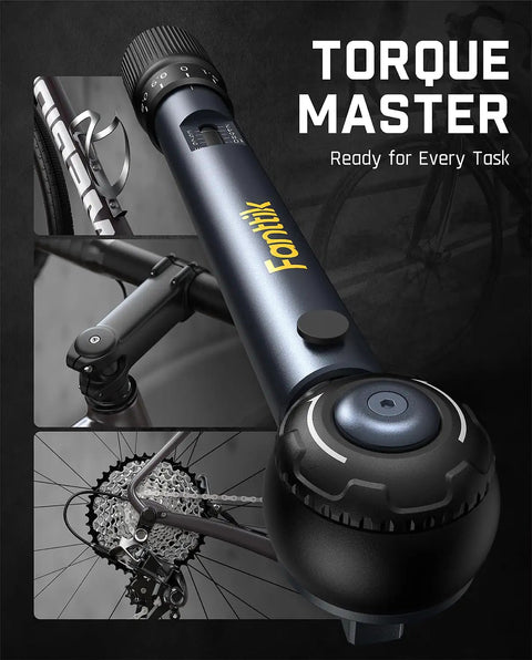 Mini Click Torque Wrench Set For Bikes with 1/4 Inch Drive shown with bicycle components, featuring 72-Tooth Precision Wrench.