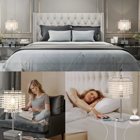 Crystal Table Lamp Set With Touch Control, USB C And USB A Ports, Dimmable Bedside Lamps With Crystal Shade, 6W LED Bulb Included, Dual Charging Nightstand Lights For Bedroom Or Living Room, 2 Pack displayed in bedroom and living room settings.