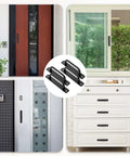 4 Pack Black Aluminum Alloy 5 Inch Hole Center Gate Handles For Sliding Barn Doors And Bifold Closet Doors With Plate Includes 8 Screws Durable Door Pull Handles For Pocket Doors Heavy Duty Construction shown with various installed examples including sliding doors and cabinet drawers.