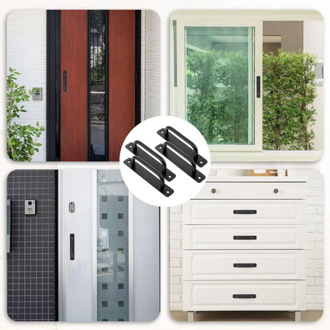 4 Pack Black Aluminum Alloy 5 Inch Hole Center Gate Handles For Sliding Barn Doors And Bifold Closet Doors With Plate Includes 8 Screws Durable Door Pull Handles For Pocket Doors Heavy Duty Construction shown with various installed examples including sliding doors and cabinet drawers.