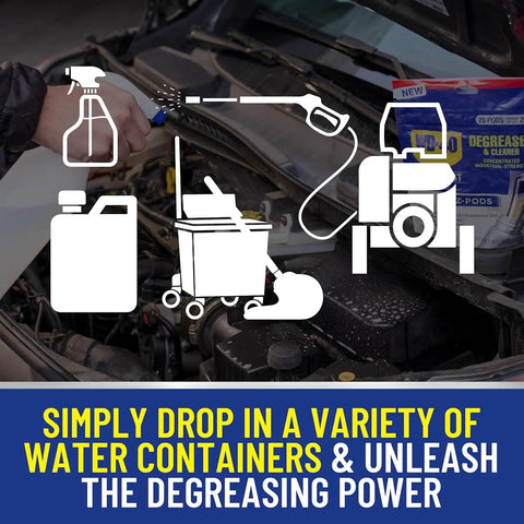Customizable Industrial Strength Degreaser And Cleaner EZ Pods For Multi Surface Cleaning Dial In Your Strength Fast And Easy Clean For BBQ Grills Patios And Tough Messes Five Pods Per Pack shown by engine with cleaning tools