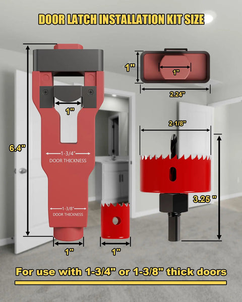 Diagram of Door Latch Mortise Kit for 1-3/8 and 1-3/4 inch doors showing dimensions and components.