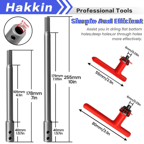 Premium Quality Badass 7 And 10 Inch Forstner Bit Extension Set With 3/8 Inch Hex Shank includes detailed measurements and tools angle.
