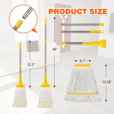 Heavy Duty Clip Type Wet Mop With 48 Inch Stainless Steel Handle For Industrial Floor Cleaning, Cotton Wet Mops