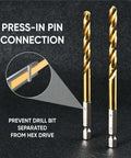 Front view of amoolo 1/8 in hex-shank drill bits, gold-colored titanium HSS twist, 10-piece set, quick-change design