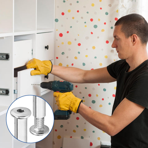 Man assembling furniture using 30 Sets M5 x 40mm Stainless Steel Furniture Joint Connector Bolts And Cap Nuts Kit