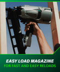 Hands using Beast Pro Grade Framing Nailer For Flooring And Roof Decking, Pneumatic Power Tool, NR83A5, with wooden beams.
