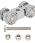 Heavy Duty Four Wheel Steel Pulley Assembly Featuring Deep Groove Ball Bearings For Smooth Rock Solid V Belt Drive And Strut Channel Gear That Kicks Ass And Never Craps Out with attached fasteners.