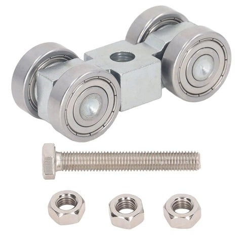 Heavy Duty Four Wheel Steel Pulley Assembly Featuring Deep Groove Ball Bearings For Smooth Rock Solid V Belt Drive And Strut Channel Gear That Kicks Ass And Never Craps Out with attached fasteners.