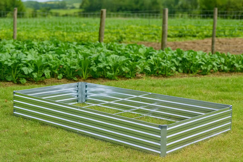 Outdoor installation of Two Pack 6x3x1 Foot Galvanized Raised Garden Bed Kit For Outdoor Veggies, silver metal planter box.