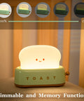 Cute Toast Lamp With Smile Face Night Light LED Dimmable Bread Light on nightstand, showing dimmable settings and timer.