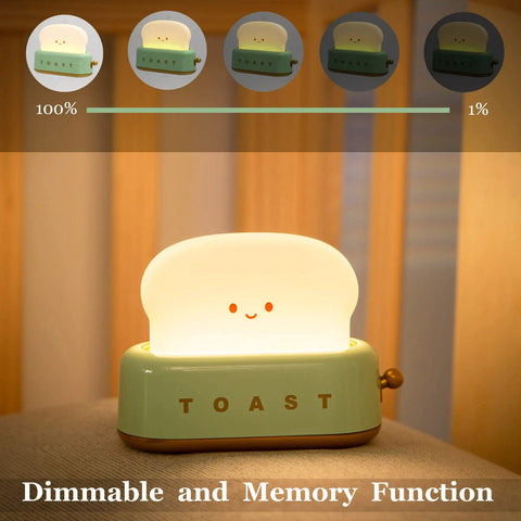 Cute Toast Lamp With Smile Face Night Light LED Dimmable Bread Light on nightstand, showing dimmable settings and timer.