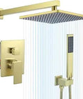 Brushed Gold Shower System With Rain Shower Head And Handheld, Wall Mounted Square Valve Kit, showcasing modern design and finish.
