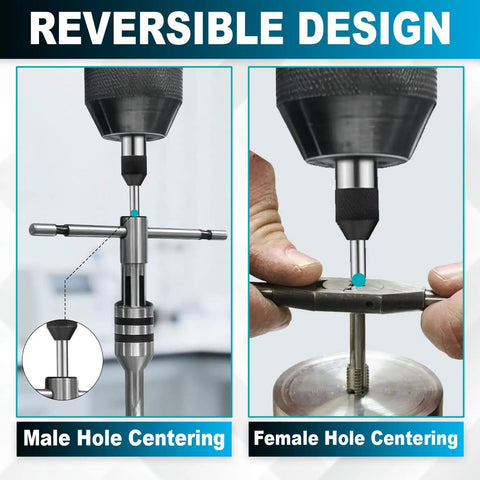 Spring Loaded Tap Guide Center Tool For Lathe And Milling Machines in use, showing male and female hole centering.