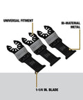Three Titanium Oscillating Tool Blades For Wood With Nails 1-1/4 Inch, Universal Fitment Adapter-Free displayed side by side