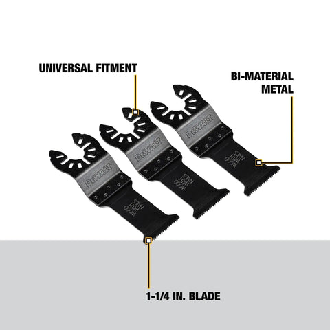 Three Titanium Oscillating Tool Blades For Wood With Nails 1-1/4 Inch, Universal Fitment Adapter-Free displayed side by side
