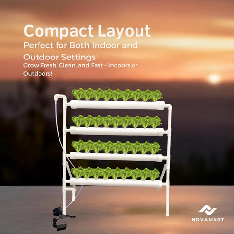 Hydroponic Plant Growing System For Home Gardens 36 Site Indoor Vertical Garden Tower with leafy greens in horizontal layout.