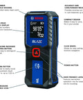 Blaze 65ft Laser Distance Measure with real time measuring, showing digital display and buttons on a compact, black-blue tool.