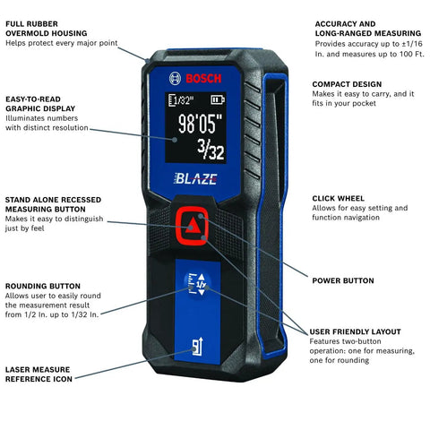 Blaze 65ft Laser Distance Measure with real time measuring, showing digital display and buttons on a compact, black-blue tool.