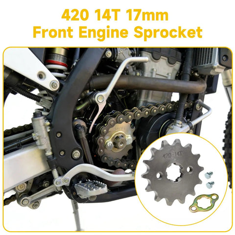 14 Tooth 420 Front Sprocket Fits 50cc 70cc 90cc 110cc 125cc 140cc 160cc Mini Bikes ATVs Dirt Bikes Go Karts And More Works With TaoTao DB14 Roketa SSR Coolster Sinnis Terrain Sunl Lifan Quad Beef Up Your Ride installed on bike