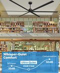 Monster Size 120 Inch HVLS Industrial Ceiling Fan installed in library with noise level chart showing whisper-quiet performance.