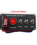 12V DC 5 In 1 Car Ignition Switch Panel Kit with carbon fiber finish, showing engine start button and ACC toggles for racing cars