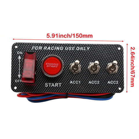 12V DC 5 In 1 Car Ignition Switch Panel Kit with carbon fiber finish, showing engine start button and ACC toggles for racing cars