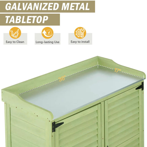 Outdoor Potting Bench With Metal Work Top And Cedar Wood Build, Waterproof Garden Storage Cabinet And Tool Station.