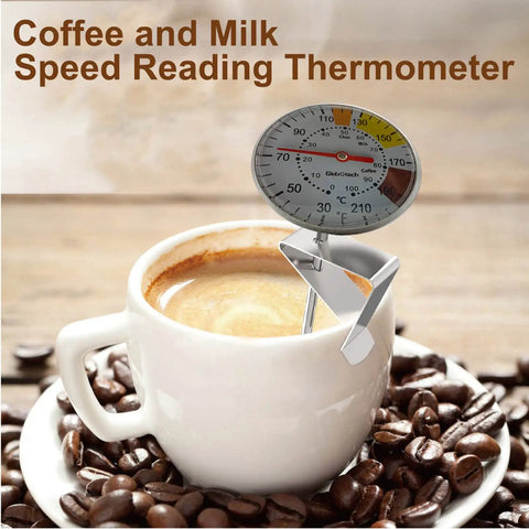 Milk Frothing Thermometer For Coffee And Chocolate Pro Grade Stainless Steel Temp Gauge in cup with coffee beans