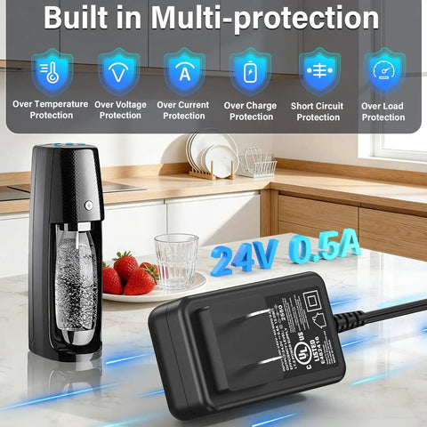 Beefy 24V DC Power Adapter Replacement Cord for Sparkling Water Makers Spirit One Touch and Fizzi, 0.5A AC Charger in kitchen.