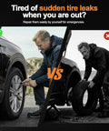30 Pcs Tire Plugs Screw Type Emergency Tire Repair Kit With Screwdriver For Cars Trucks Motorcycles And Bicycles Roadside Quick Flat Tire Fix No Jack Or Glue Needed Leak Proof Seal Professional Grade, comparison image showing a man using a screwdriver tire kit versus changing a tire.