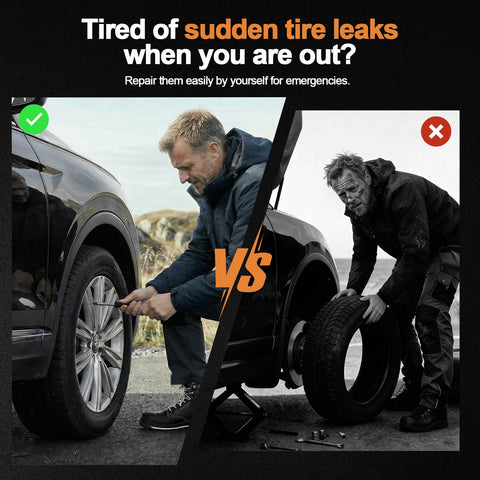 30 Pcs Tire Plugs Screw Type Emergency Tire Repair Kit With Screwdriver For Cars Trucks Motorcycles And Bicycles Roadside Quick Flat Tire Fix No Jack Or Glue Needed Leak Proof Seal Professional Grade, comparison image showing a man using a screwdriver tire kit versus changing a tire.
