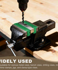 Drill press using a bench vise with V shape magnetic jaw pads for secure woodworking clamping