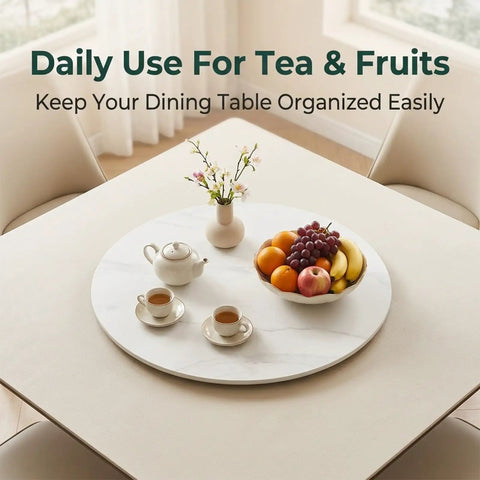 Marble Turntable For Dining Table With 360 Degree Silent Spin, Sintered Stone Serving Tray with tea set and fruits.