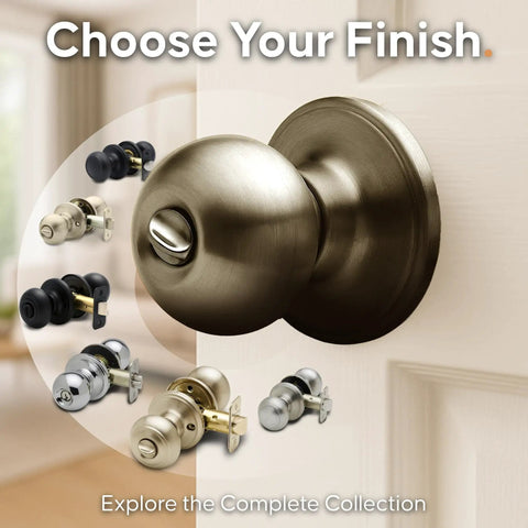 Ball Door Knob Privacy Function For Bedroom And Bathroom With Exterior Release Button Coin Or Screwdriver Release Antique Brass Finish 1 Pack ANSI Grade 3 Security No Key Needed, shown in various finishes on a door.