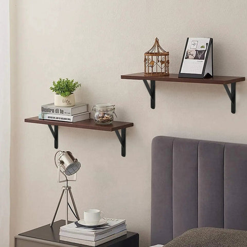 Matte Black Heavy Duty Shelf Brackets supporting wooden shelves in a rustic home setting. 12 Pack Matte Black Heavy Duty Shelf Brackets With Screws Built Like A Tank For Rustic Home And Garage Shelving Dead Set Durable Ultra Strong Floating Bracket Hardware.