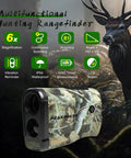 Range Finder For Huntin Up To 1400 Yards With 6X Magnification, Angle Compensation, Height Readout, Vibration Resistant Build For Tree Stand Bow Huntin And Rifle Shots, Delivers True Horizontal Distance On Slopes. camo hunting rangefinder with deer backdrop